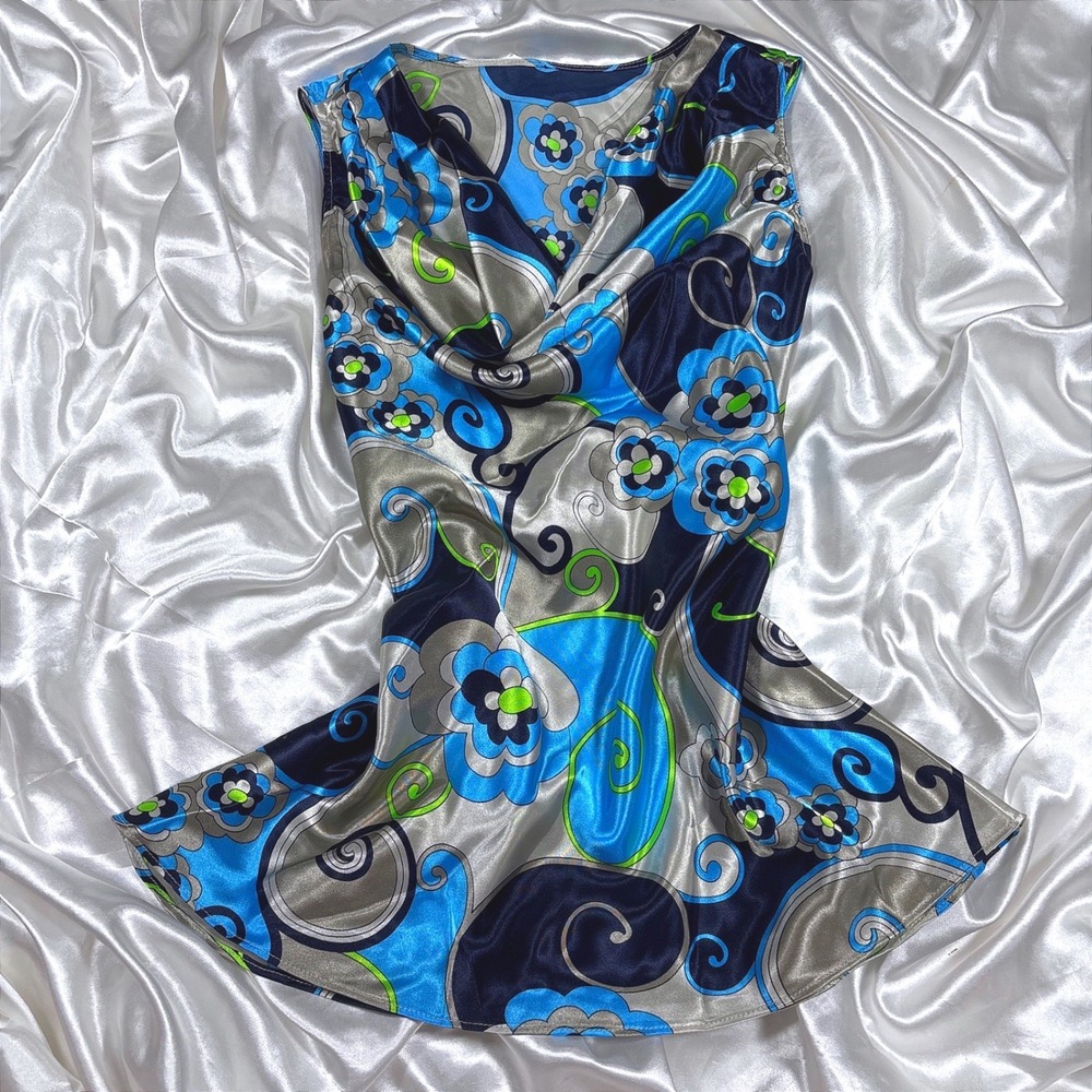 y2k Sleeveless Satin Top Blue Excellent Psychedelic Floral Cowl Neck Blouse
